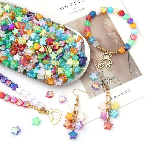 BENBO 600PCS Acrylic Beads Heart Star Shape Beads Clear Acrylic AB Colors Heart Bead Bulk Colorful Flat Star Beads Loose Spacer Beads with Box for DIY Jewelry Making in Kuwait