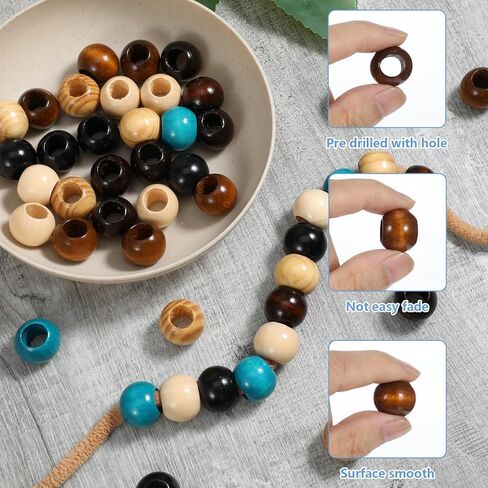 60 Pack Wooden Beads for Crafts, Large Hole Wooden Spacer Beads 20mm Decorative Hair Bead for Braid Vintage Round Bead for DIY Craft Handmade in Saudi Arabia