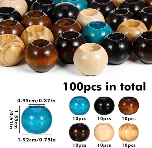 60 Pack Wooden Beads for Crafts, Large Hole Wooden Spacer Beads 20mm Decorative Hair Bead for Braid Vintage Round Bead for DIY Craft Handmade in Saudi Arabia