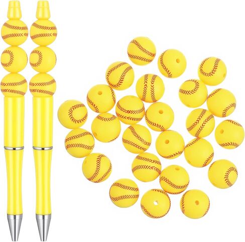 25Pcs 15mm Silicone Beads, Yellow Baseball Beads Bulk Sport Style Round Ball Shaped Bead for DIY Crafts Keychain Bracelet Necklace Jewelry Lanyard Making Pens in Saudi Arabia