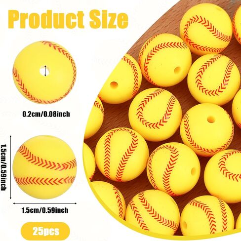 25Pcs 15mm Silicone Beads, Yellow Baseball Beads Bulk Sport Style Round Ball Shaped Bead for DIY Crafts Keychain Bracelet Necklace Jewelry Lanyard Making Pens in Saudi Arabia