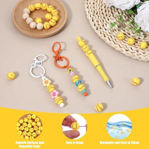 25Pcs 15mm Silicone Beads, Yellow Baseball Beads Bulk Sport Style Round Ball Shaped Bead for DIY Crafts Keychain Bracelet Necklace Jewelry Lanyard Making Pens in Saudi Arabia