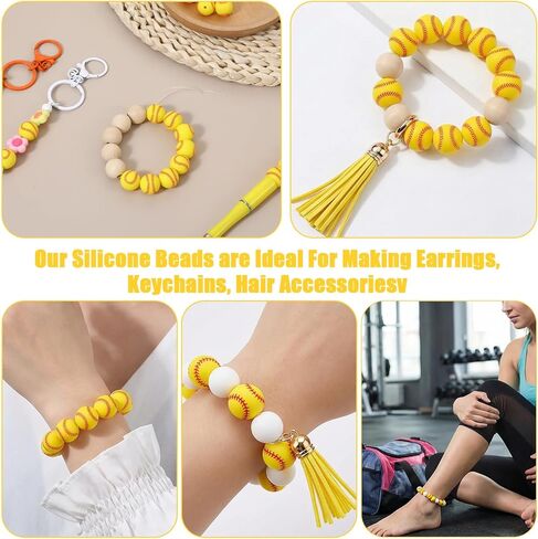 25Pcs 15mm Silicone Beads, Yellow Baseball Beads Bulk Sport Style Round Ball Shaped Bead for DIY Crafts Keychain Bracelet Necklace Jewelry Lanyard Making Pens in Saudi Arabia