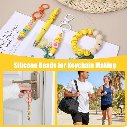 25Pcs 15mm Silicone Beads, Yellow Baseball Beads Bulk Sport Style Round Ball Shaped Bead for DIY Crafts Keychain Bracelet Necklace Jewelry Lanyard Making Pens in Saudi Arabia
