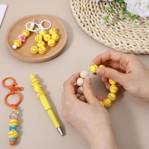 25Pcs 15mm Silicone Beads, Yellow Baseball Beads Bulk Sport Style Round Ball Shaped Bead for DIY Crafts Keychain Bracelet Necklace Jewelry Lanyard Making Pens in Saudi Arabia