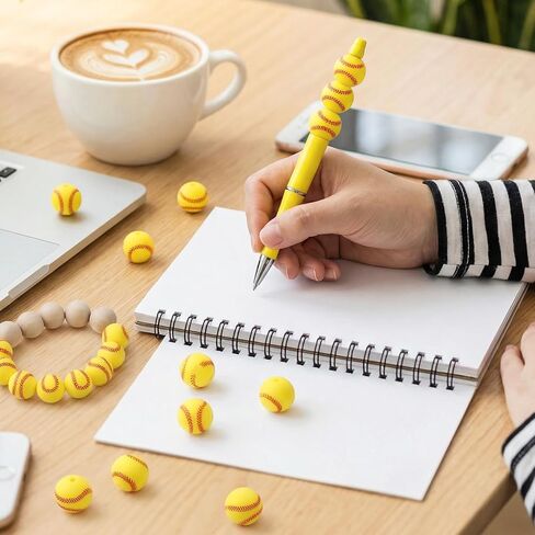 25Pcs 15mm Silicone Beads, Yellow Baseball Beads Bulk Sport Style Round Ball Shaped Bead for DIY Crafts Keychain Bracelet Necklace Jewelry Lanyard Making Pens in Saudi Arabia