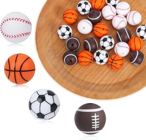 16 PCS Sports Beads, Multicolor 15mm Silicone Beads for Keychain Making Silicone Sports Bead Football Basketball Bead for Bracelet Necklace DIY Crafts Jewelry Supplies Scrapbooking in Saudi Arabia