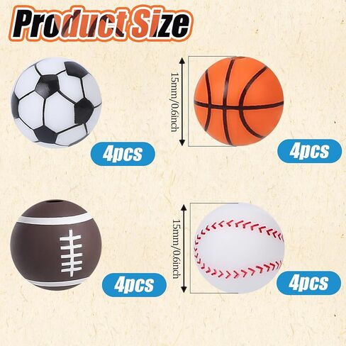 16 PCS Sports Beads, Multicolor 15mm Silicone Beads for Keychain Making Silicone Sports Bead Football Basketball Bead for Bracelet Necklace DIY Crafts Jewelry Supplies Scrapbooking in Saudi Arabia