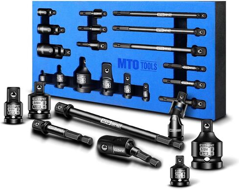 MTO 18-Piece Impact Socket Adapter & Universal Joint Set, 1/4", 3/8" & 1/2" Drive Hex Shank Drill Bit with Standard, Long & Swivel Types, for Impact Wrench & Driver in Saudi Arabia