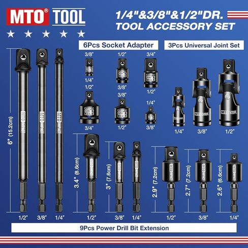 MTO 18-Piece Impact Socket Adapter & Universal Joint Set, 1/4", 3/8" & 1/2" Drive Hex Shank Drill Bit with Standard, Long & Swivel Types, for Impact Wrench & Driver in Saudi Arabia