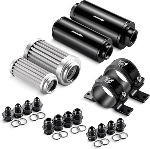 EVIL ENERGY 30 100 Micron Inline Fuel Filter Kit, Dual Stainless Steel Filters with 50mm 60mm Mounting Brackets, 6AN 8AN 10AN Fittings, Universal in Kuwait