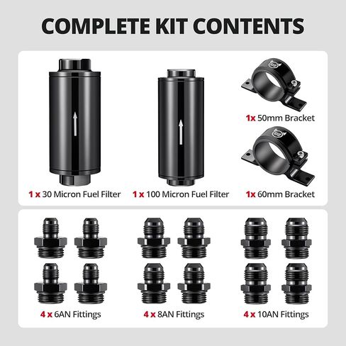 EVIL ENERGY 30 100 Micron Inline Fuel Filter Kit, Dual Stainless Steel Filters with 50mm 60mm Mounting Brackets, 6AN 8AN 10AN Fittings, Universal in Kuwait