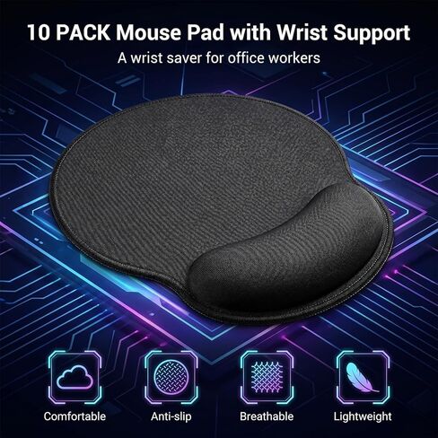 10 Pack Ergonomic Mouse Pad with Wrist Rest Support, Gel Memory Foam Computer Pad for Pain Relief & Comfort, Non-Slip Base for Gaming, Office, Home Use (Black) in Saudi Arabia
