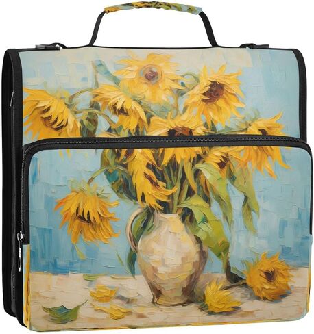 ALAZA Artwork Sunflower Zipper Binder 3 Ring Binder Organizer مع سحاب وحزام كتف سعة كبيرة متعددة الجيوب للعمل في اللوازم المكتبية in Kuwait