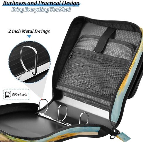 ALAZA Artwork Sunflower Zipper Binder 3 Ring Binder Organizer مع سحاب وحزام كتف سعة كبيرة متعددة الجيوب للعمل في اللوازم المكتبية in Kuwait