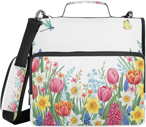 ALAZA Tulip Flower Dragonfly Butterfly Zipper Binder 3 Ring Binder Organizer with Zipper and Shoulder Strap Large Capacity Multi-Pocket for Office Supplies Work in Saudi Arabia