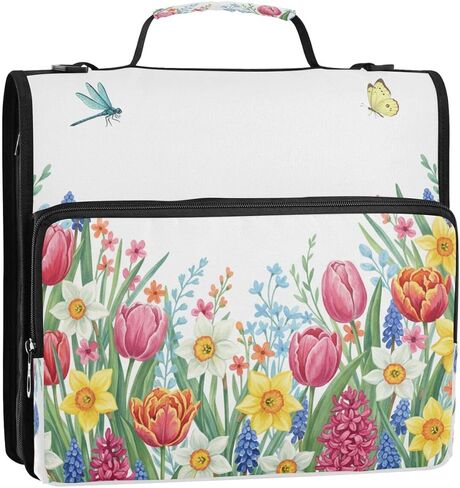 ALAZA Tulip Flower Dragonfly Butterfly Zipper Binder 3 Ring Binder Organizer with Zipper and Shoulder Strap Large Capacity Multi-Pocket for Office Supplies Work in Saudi Arabia