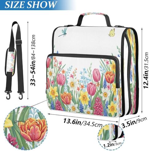 ALAZA Tulip Flower Dragonfly Butterfly Zipper Binder 3 Ring Binder Organizer with Zipper and Shoulder Strap Large Capacity Multi-Pocket for Office Supplies Work in Saudi Arabia