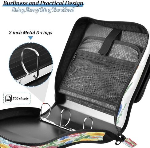ALAZA Tulip Flower Dragonfly Butterfly Zipper Binder 3 Ring Binder Organizer with Zipper and Shoulder Strap Large Capacity Multi-Pocket for Office Supplies Work in Saudi Arabia