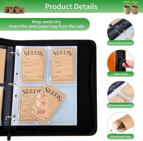 Seed Storage Organizer Binder with 60 PCS Reusable Seed Envelopes - 30 Pack Sheet Protectors Holds 120 Packets Envelopes, Seed Saving Bag for Garden Planner in Saudi Arabia