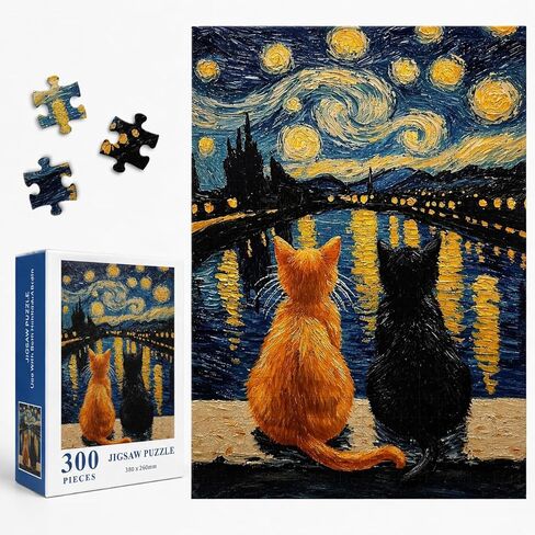 300 Piece Cat Jigsaw Puzzle for Adults, Van Gogh Starry Night Inspired Art Warm Cat Puzzle, 15 x 10 in Finished Size, Beginner-Friendly Relaxing Puzzle Gift for Animal Lovers & Home Decor in Kuwait