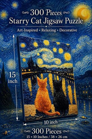 300 Piece Cat Jigsaw Puzzle for Adults, Van Gogh Starry Night Inspired Art Warm Cat Puzzle, 15 x 10 in Finished Size, Beginner-Friendly Relaxing Puzzle Gift for Animal Lovers & Home Decor in Kuwait