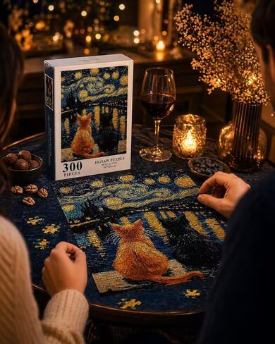 300 Piece Cat Jigsaw Puzzle for Adults, Van Gogh Starry Night Inspired Art Warm Cat Puzzle, 15 x 10 in Finished Size, Beginner-Friendly Relaxing Puzzle Gift for Animal Lovers & Home Decor in Kuwait