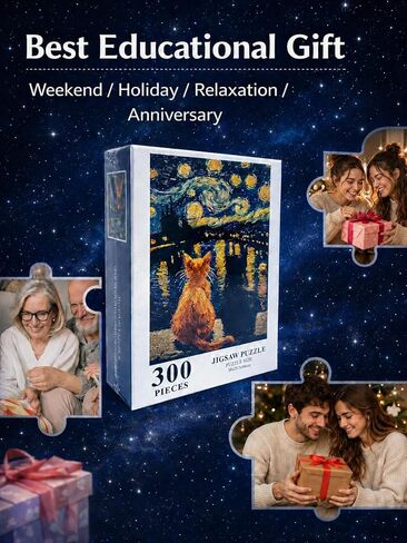 300 Piece Cat Jigsaw Puzzle for Adults, Van Gogh Starry Night Inspired Art Warm Cat Puzzle, 15 x 10 in Finished Size, Beginner-Friendly Relaxing Puzzle Gift for Animal Lovers & Home Decor in Kuwait