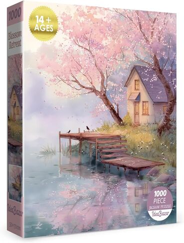 Colorful Flower Tree Puzzles for Adults 1000 Pieces Art, Beautiful Plant House Lake Landscape Nature Jigsaw Puzzles, Pretty Country Spring Pink Floral Scenery Puzzle in Saudi Arabia