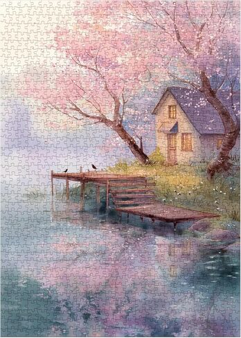 Colorful Flower Tree Puzzles for Adults 1000 Pieces Art, Beautiful Plant House Lake Landscape Nature Jigsaw Puzzles, Pretty Country Spring Pink Floral Scenery Puzzle in Saudi Arabia