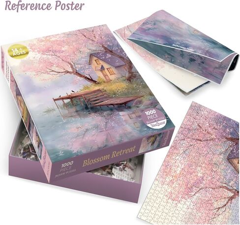 Colorful Flower Tree Puzzles for Adults 1000 Pieces Art, Beautiful Plant House Lake Landscape Nature Jigsaw Puzzles, Pretty Country Spring Pink Floral Scenery Puzzle in Saudi Arabia