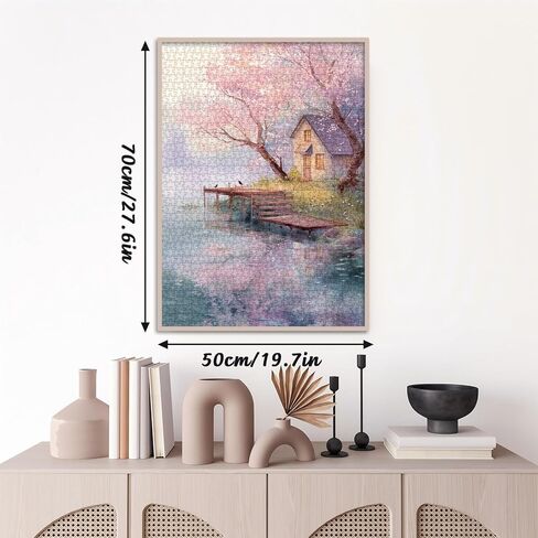 Colorful Flower Tree Puzzles for Adults 1000 Pieces Art, Beautiful Plant House Lake Landscape Nature Jigsaw Puzzles, Pretty Country Spring Pink Floral Scenery Puzzle in Saudi Arabia