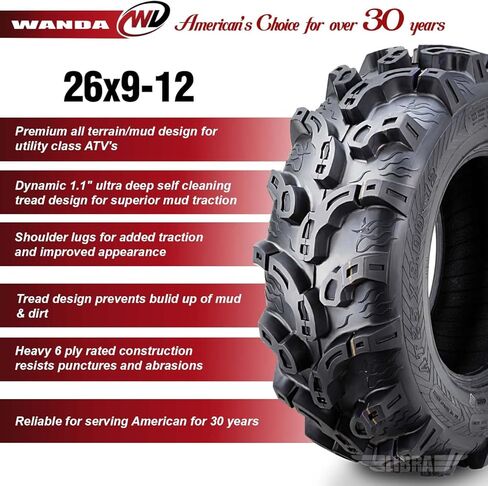 مجموعة إطارات WANDA Super Lug Mud ATV مقاس 26x9-12 مناسبة لـ 2017 Polaris Ranger 1000 Crew/XP ATV Front in Kuwait