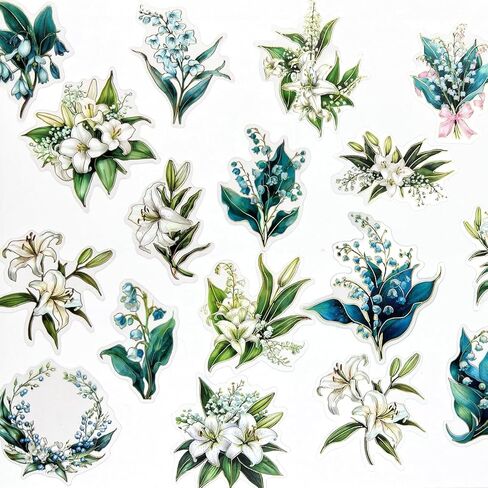 40pcs PET Transparent Clear Vinyl White Lily Blue Flower Stickers Decals Bulk Waterproof for Scrapbooking Crafts Wall Car Envelopes Windows Resin Journaling Water Bottles Planners Cups Adults in Saudi Arabia