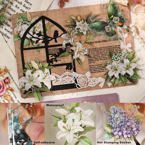 40pcs PET Transparent Clear Vinyl White Lily Blue Flower Stickers Decals Bulk Waterproof for Scrapbooking Crafts Wall Car Envelopes Windows Resin Journaling Water Bottles Planners Cups Adults in Saudi Arabia