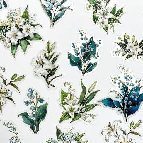 40pcs PET Transparent Clear Vinyl White Lily Blue Flower Stickers Decals Bulk Waterproof for Scrapbooking Crafts Wall Car Envelopes Windows Resin Journaling Water Bottles Planners Cups Adults in Saudi Arabia