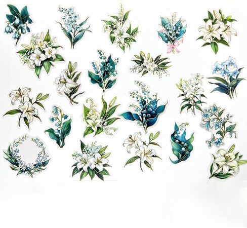 40pcs PET Transparent Clear Vinyl White Lily Blue Flower Stickers Decals Bulk Waterproof for Scrapbooking Crafts Wall Car Envelopes Windows Resin Journaling Water Bottles Planners Cups Adults in Saudi Arabia