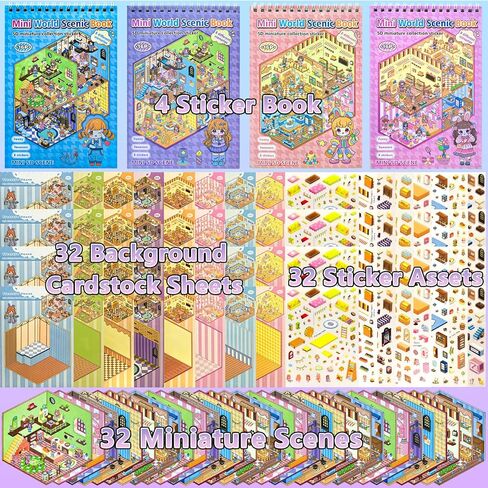 4 Sticker Books, 32 Sets DIY 3D Sticker Scene Collection, Design Your Own Houses, Buildings, Shops & Amusement Parks with Stickers for Kids & Adults, Perfect for Birthdays, Parties & Holiday Gifts in Saudi Arabia