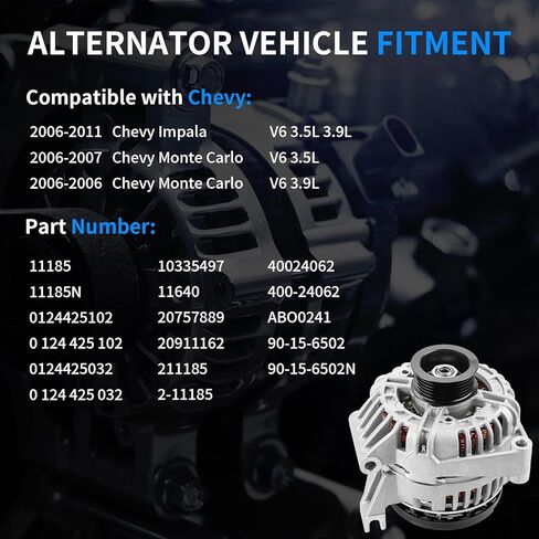 استبدال المولد الجديد لـ 2006 2007 2008 2009 2010 2011 Chevy Impala 3.5L 3.9L، 06 07 Monte Carlo 3.5 3.9 12V 125Amp، استبدال OE 10335497 11185N 20757889 20911162 400-24062 0124425032 in Kuwait