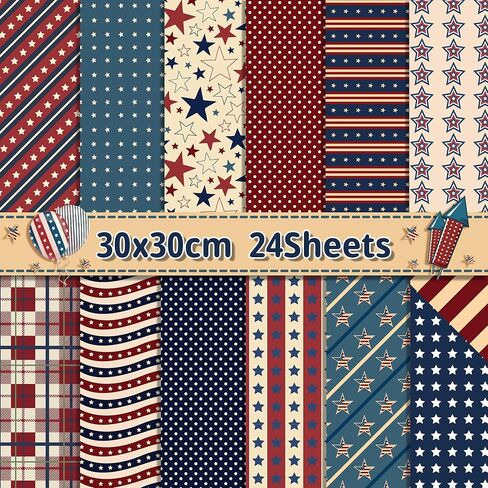 24 Sheets Rustic Patriotic Scrapbook Paper Pads, 12 Designs 4th of July Craft Paper Double-Sided Papermania Folded Flat for Independence Day Memorial Day DIY Card Making, 12x12'' in Kuwait