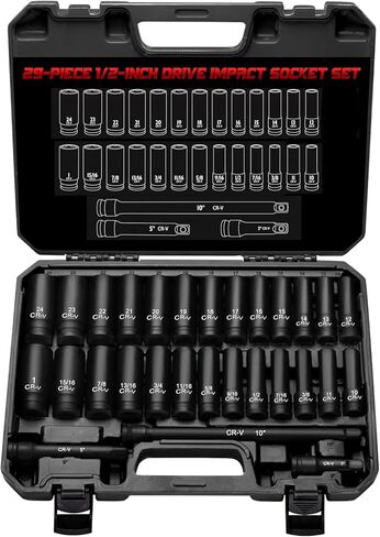 1/2" Drive Impact Socket Set 29-Piece, Cr-V-M Steel Deep Socket SAE(3/8" - 1") & Metric(10-24mm) Sizes, with Extension Bar, with Storage Case in Saudi Arabia