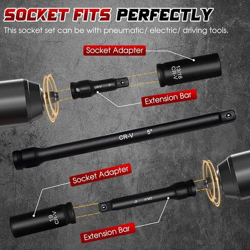 1/2" Drive Impact Socket Set 29-Piece, Cr-V-M Steel Deep Socket SAE(3/8" - 1") & Metric(10-24mm) Sizes, with Extension Bar, with Storage Case in Saudi Arabia