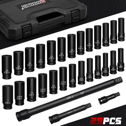 1/2" Drive Impact Socket Set 29-Piece, Cr-V-M Steel Deep Socket SAE(3/8" - 1") & Metric(10-24mm) Sizes, with Extension Bar, with Storage Case in Saudi Arabia