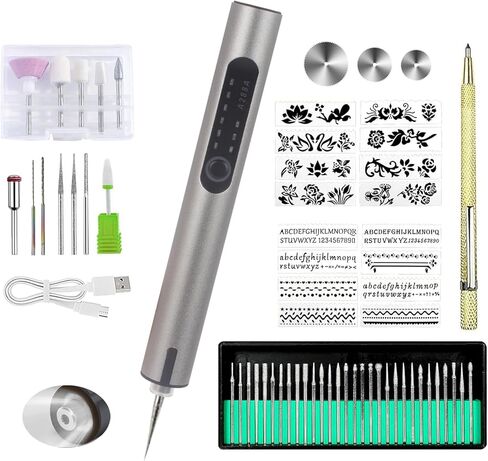 Mini Cordless Engraving Pen with LED Light, 3-Speed Precision Etching Tool for Metal, Wood, Plastic, Ceramic, USB-C Rechargeable, 35 Accessories and 16 Stencils in Saudi Arabia