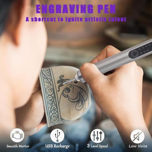 Mini Cordless Engraving Pen with LED Light, 3-Speed Precision Etching Tool for Metal, Wood, Plastic, Ceramic, USB-C Rechargeable, 35 Accessories and 16 Stencils in Saudi Arabia