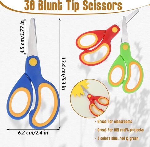 30 Pcs Blunt Tip Scissors for Kids, Craft Scissors Bulk Pack, 5 Inch Scissor with Comfort Grip, 3 Assorted Colors, Stainless Steel Blades for Paper Cutting Art Supplies in Saudi Arabia