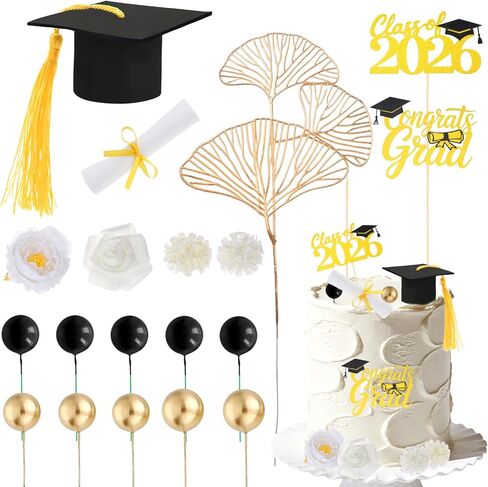 Yolyoo Graduation Cake Toppers,Graduation Cap Cake Toppers with Diploma Flower Balls for 2026 High School College Senior Graduation Party in Kuwait
