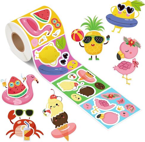 300Pcs Summer Make a Face Stickers Roll Hawaii Watermelon Pineapple Flamingo Make Your Own Stickers Mix and Match DIY Crafts Holiday Party Favor Classroom Activities School Rewards Gift for Students in Saudi Arabia