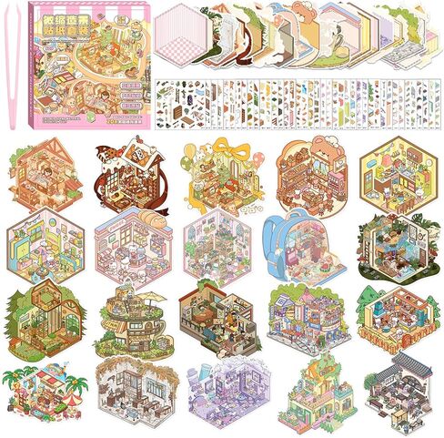 20 Sets DIY 3D Sticker Scene, Sticker Collection Book Make Your Own Shop House Crafts for Adults Therapy for Relief Stress Pass the Time Gift (Drink) in Saudi Arabia