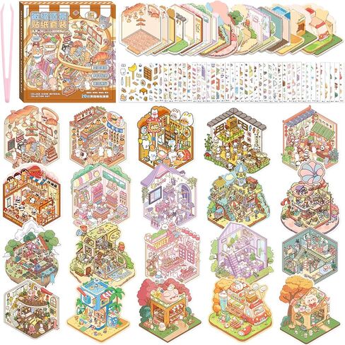 20 Sets DIY 3D Sticker Scene, Sticker Collection Book Make Your Own Shop House Crafts for Adults Therapy for Relief Stress Pass the Time Gift (Drink) in Saudi Arabia